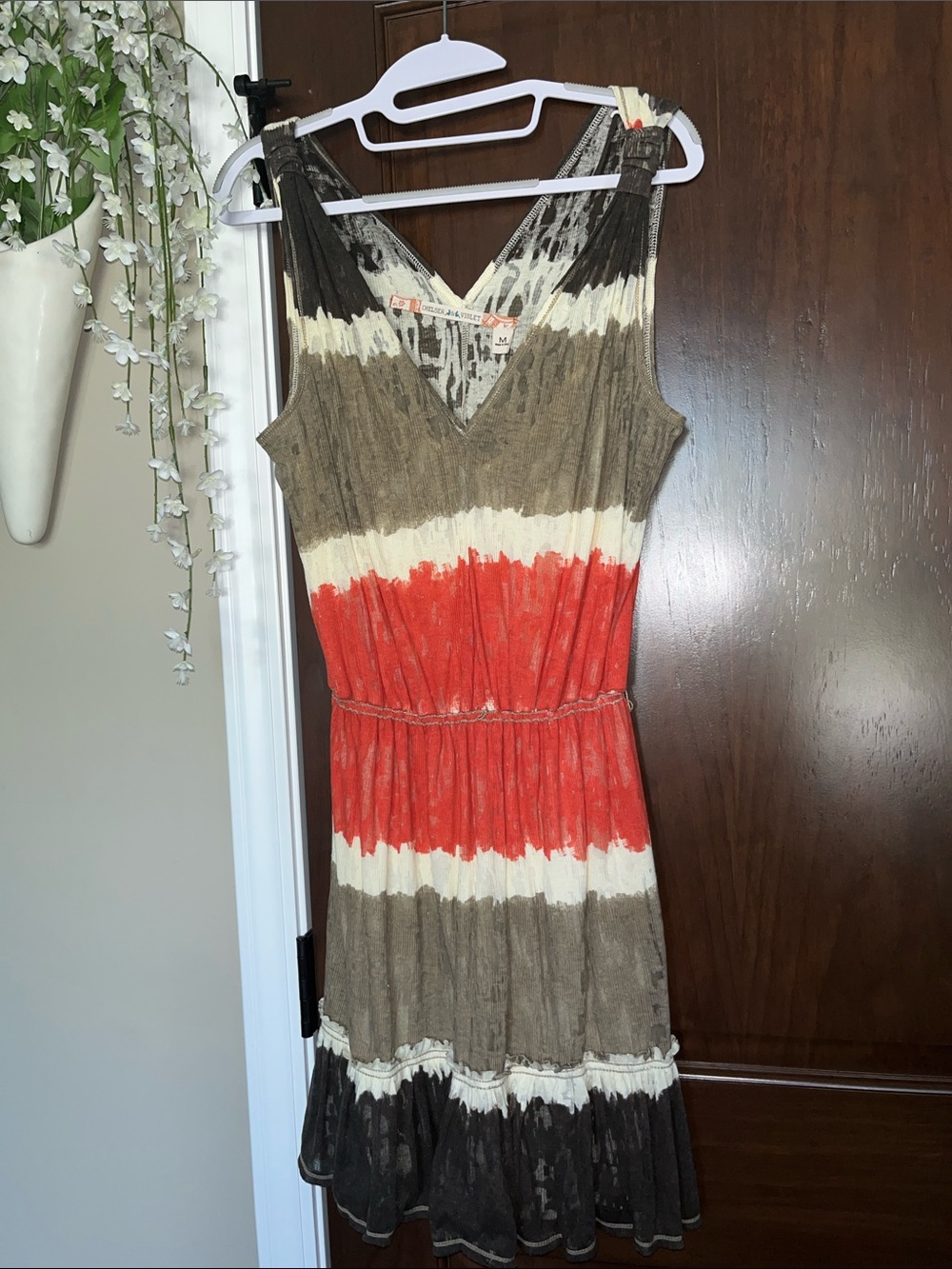 Chelsea & Violet Striped Tie-Dye V-Neck Mini Dress in Red, Cream & Brown